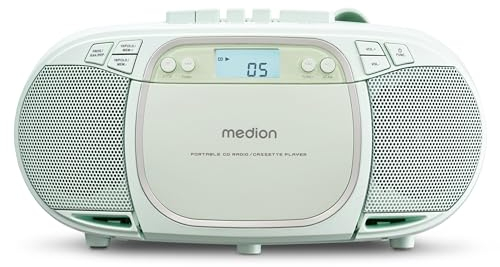 MEDION E66476 Stereo Sound System (Boombox, CD-Player, MP3, Kassette, tragbarer Kassettenspieler für Kinder, UKW Radio, AUX, Kopfhörer, Netz & Batterie) grün