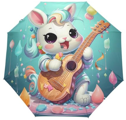 Musik Gitarre Baby Einhörner Regenschirm Taschenschirm Kinder Jungen Mädchen UV-Schutz Auf-Zu Automatik Umbrella Verstärkt Winddichte Zusammenklappbar