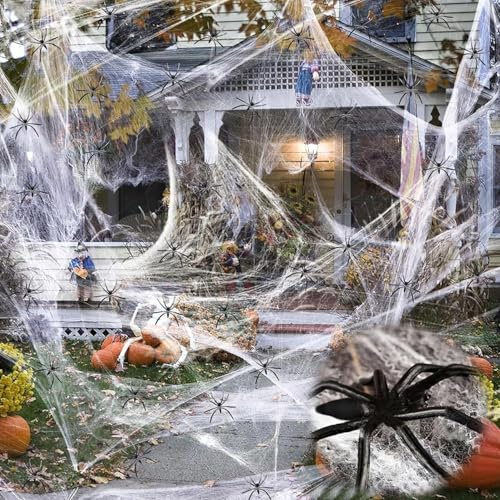 MagiSel Spinnennetz Halloween Deko, Spinnweben mit Spinnen, Horror Spider Web - 100g Realistische Grusel Dekoration für Innen und Outdoor, Garten & Party, Spukhaus - Weiß