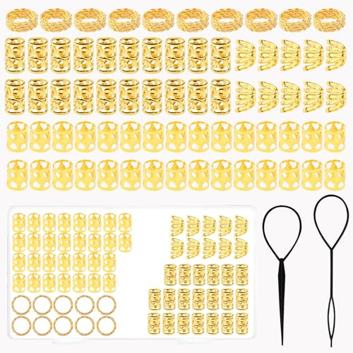 70 PCS Dreadlocks Schmuck, Alu Haarringe für Zöpfe, Haarring für Flechtfrisuren, einstellbare Flechtringe, Wikinger Haarschmuck, Webhaar-Accessoires in Silber für Frauen und Männer (gold)