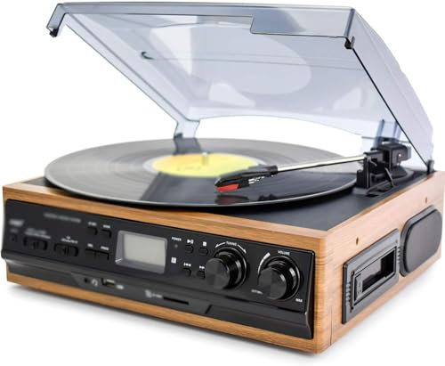 Tocadiscos Bluetooth con altavoces estéreo, reproductor de discos de vinilo portátil de 3 velocidades, radio estéreo FM, reproductor de vinilo vintage