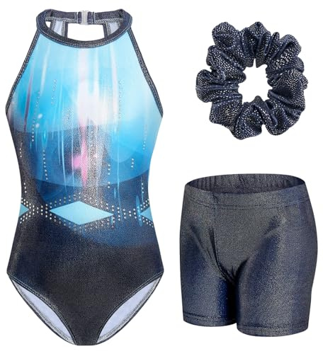 JiAmy Gymnastics Leotards for Girls with Shorts Set, Clasp Back Athletic Activewear Sparkle Kids Gymnastics Outfit for 6-7 Years