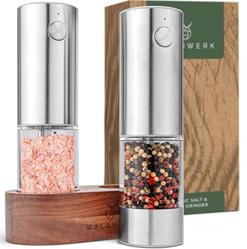 WALDWERK Electric Salt and Pepper Grinder Set (300 mAh Rechargeable Battery) - Salt and Pepper Shakers with Elegant Acacia Wood Stand – Rechargeable Automatic Salt and Pepper Grinder Set