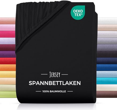 Carpe Sonno® Jersey Spannbettlaken 180x200cm Baumwolle | Laken Schwarz mit Einlaufschutz & Bügelfrei Matratzenbezug bis 22cm | Bettlaken 180x200 Baumwolle | Leintuch 180x200 | Spannbetttuch 180 x 200