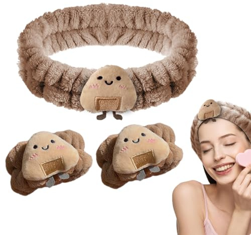 CATOR 3 Pièces Set de Bandeau de Spa Facial bandeaux spa pour le visage, Bandeau Maquillage Bandeau Cheveux Femme Maquillage mit Bracelet, Pour le Maquillage et les Soins du Visage - Marron