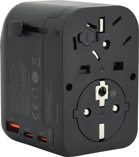 Electraline 70012 Adattatore Universale da viaggio da Europa (presa tipo C, E, F) a Mondo (Spina tipo B, G, I, F, E) con 3 USB (2 USB-C PD20W e 1 USB A)