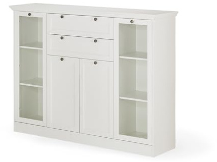 KHG Highboard weiß Drehtüren mit Glaseinsatz 2 Schubkästen 2 Fächer 5 verstellbare Einlegeböden Gleitergestell Holzwerkstoff Landhaus Stil