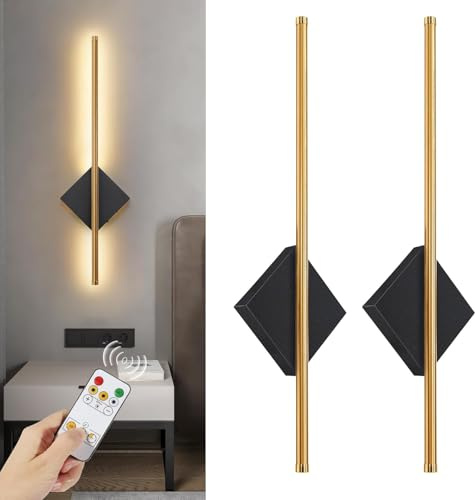 GALAKSIOZ 60cm Battery Operated Wall Lights, Modern Rechargeable Wall Lamps, Cordless Wall Sconce with Remote Control, Dimmable Wall Mounted Light Indoor with Timer Function for Bedroom, 2 Packs