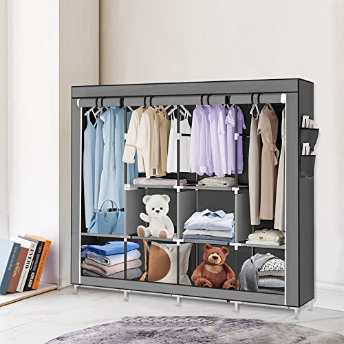XUANYU Dressing Penderie Armoire de Rangement pour Vêtements, avec 8 Étagères et 4 Tringles, Penderie Garde-Robe pour Chambre Vestiaire, Tissu Non Tissé et Tube en Acier (Gris 167 x 45 x 170 cm)
