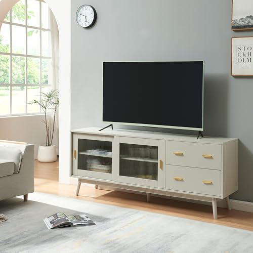 [en.casa] Mobile Porta TV con Cassetti e Ante Scorrevoli in Vetro Scanalato Armadio Basso Mobile Contenitore Archiviazione Stand Centri Multimediali 160x40x65 cm Beige