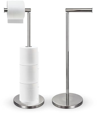 Toilet Roll Holder Free Standing – Rustproof Stainless Steel Toilet Paper Holder for up to 5 Rolls |Stable Base, No Drilling |Chrome Polished Finish |2-in-1 Design |56×17
