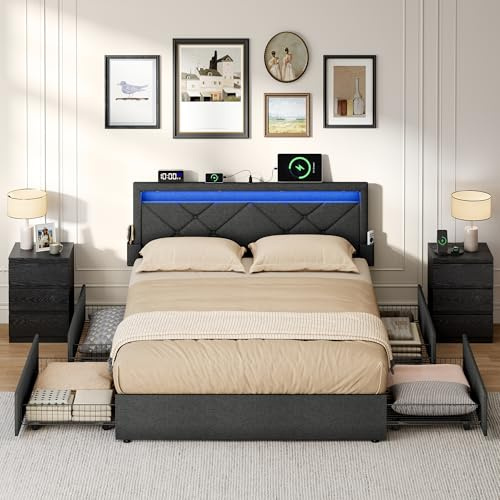 VASAGLE Double Bed Frame with LED Lights, Adjustable Headboard, Platform Bed with Underbed Storage Drawers, USB-A and USB-C Ports, 500 kg Weight Capacity, No Box Spring Needed, Slate Grey RMB926GN01