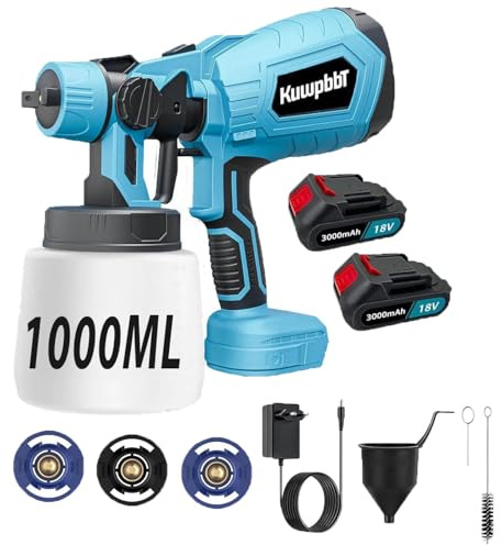 Farbsprühsystem Akku, 500W HVLP Akku Farbspritzpistole,mit 1000ml Farbbehälter, 3 Düsen, 45 m²-15 Min, LED-Licht, Lackierpistole für Möbel, Wände & Zäune(2X3.0Ah Akku)