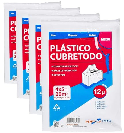 PENTRILO 08123 Plástico Cubretodo Protector Multiuso 4X5Metros Medio, 4x5m, Transparente (Paquete de 4)
