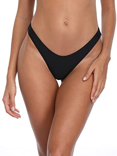 RELLECIGA Women's Black High Cut Thong Bikini Bottom Size Large