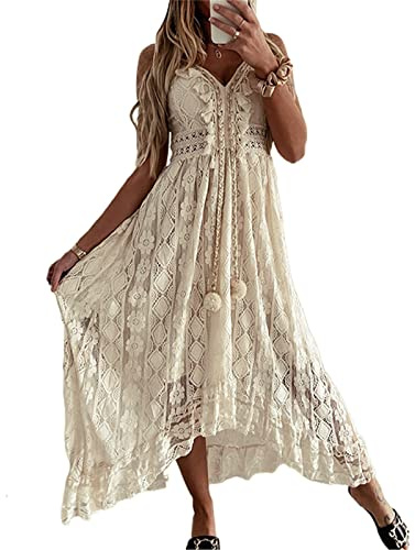 Geagodelia Cache-Maillots de Bain Bikini Longue Décolleté col en v en Bretelle Robe de Plage sans Manches Imprimée Florale Franges Transparent Maxi Ample Beachwear (Beige, XL)