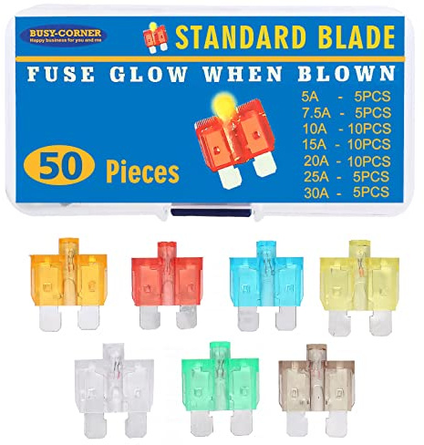BUSY-CORNER 50pc Standard Blade Automotive Fuse Glow When Blown, Black, Plastic, 5A-30A, Car, SUV, RV, Motorcycle, Boat, Truck