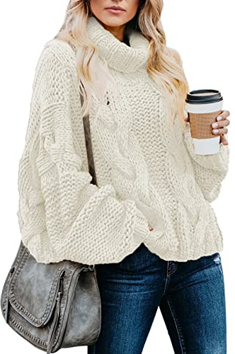 Dokotoo Womens High Neck Sweaters Long Sleeve Winter Outifits Solid Fashion Casual Loose Oversized Chunky Cable Knit Pullover Sweaters Jumper Tops White Medium