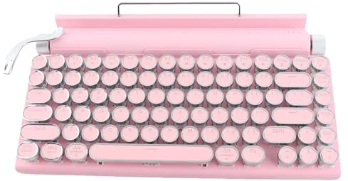 Mechanische Schreibmaschinentastatur, Retro Bluetooth Schreibmaschinentastatur mit 83 Tasten, Blauer Schalter, Mediensteuerung, Retro Rundtasten, Tastatur mit LED Hintergrundbeleuchtung und(Rosa)