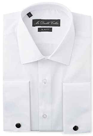 MrDoubleCollar Camicia formal Oxford blu a doppio polsino con gemelli di metallo a maniche lunghe, bianco, M