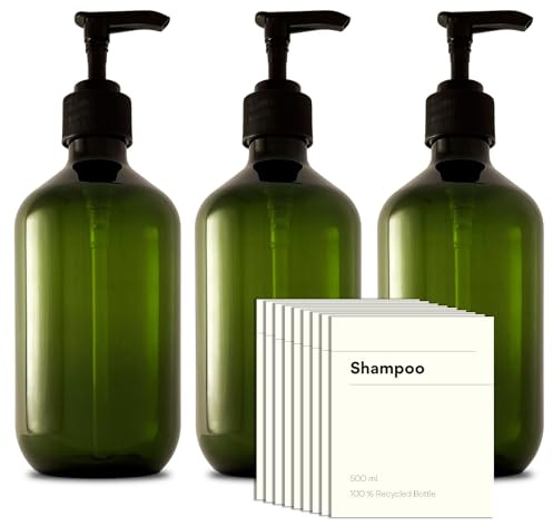 3 flacons pompe en plastique recyclé de 500 ml avec 9 étiquettes étanches ; distributeur de pompe vide rechargeable réutilisable pour shampooing, revitalisant, désinfectant, gel douche, savon