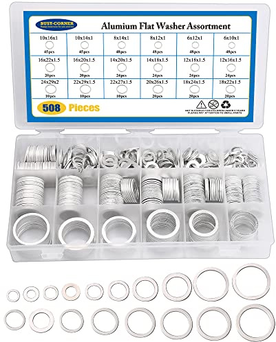 508 pcs Oil Drain Plug Gasket Aluminum Washer Crush Seal Assortment Kit, Including 18 Sizes-M6 M8 M10 M12 M14 M16 M18 M22 M24