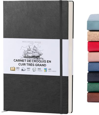 BEECHMORE BOOKS Cuaderno de bocetos A3 (29,7 x 42 cm) – 160 páginas, 160 g/m² | Tapa dura piel vegana, bloc en blanco, caja de regalo, hojas perforadas, bolsillo trasero, cinta marcapáginas
