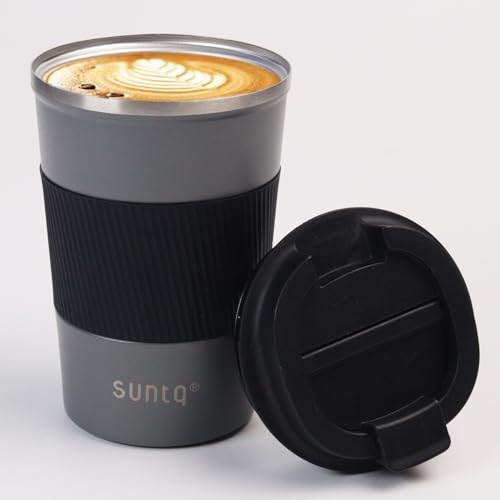 SUNTQ Kaffeebecher to go Thermo aus Edelstahl - Thermobecher mit Gummierte Manschette Doppelwand Isoliert - Kaffeetasse mit Auslaufsicherem Deckel Wiederverwendbar 380ml Grau/Schwarz