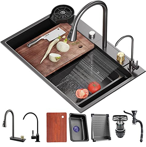 Küchenspüle Schwarz Raindance Wasserfall Edelstahl Einbauspüle Einschalen-Küchenspüle mit Wasserhahn Ausziehbar Rechteckig Spülbecken mit Drainage-Komponenten 68 * 45CM