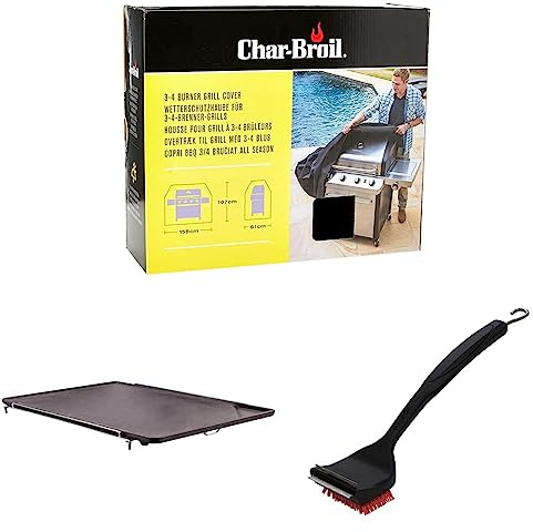 Char-Broil 140766 - Universal Wetterschutzhaube für 3 & 4-Brenner-Gasgrill & 140 515 - Gussgrillplattenaufsatz & 140 533-2-in-1 Cool-Clean Grillbürste, Nylon.