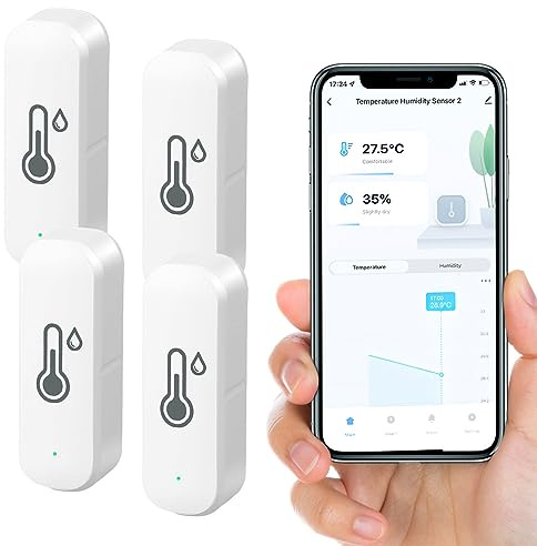 Wifi ThermomèTre HygromèTre IntéRieur-Capteur De TempéRature Sans Fil Avec Enregistreur De DonnéEs,Surveillance à Distance Et Alarme Via L'Application Tuya-Compatible Avec Alexa,Google (Lot De 4) (4)