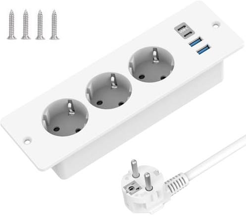 Presa da Tavolo a Scomparsa con 2 USB e 2 Type-C, Ciabatta Multipresa 3 Prese Schuko da Incasso con Cavo da 2M, Presa Multipla per Mobili o Superfici di Lavoro, Bianco