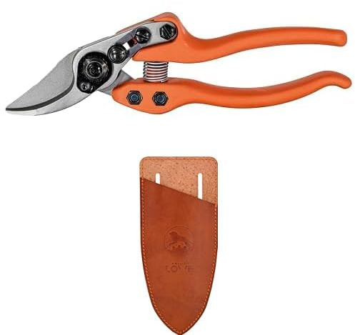 Original LÖWE Set bestehend aus Bypass Gartenschere 12.104 mit kurzem Präzisionsschneidekopf für Pflanzen und Rosen & Klingenschutz und Holster 9808 zum Schutz beim Tragen am Körper vor Verletzungen