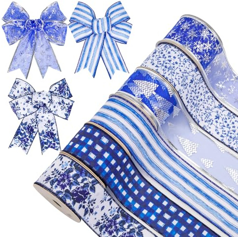 6 Rollen 30 Yard Weihnachten Band Dekorationen Weihnachtsbaumband Geschenkbox Verpackungsband Glitzer Weihnachtsbänder Schleifenband für Geschenk Weihnachtsbaum Dekoration, Blau