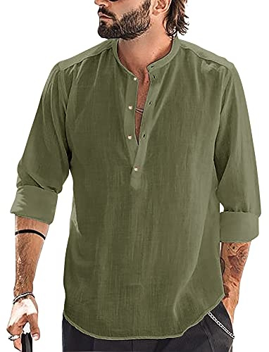 Runcati Camicia da uomo in cotone e lino, a maniche lunghe, con colletto alto, da spiaggia, elegante, verde oliva, XL