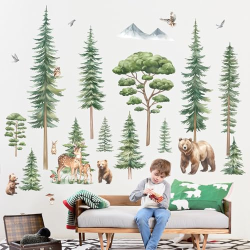 decalmile Wandsticker Baum Groß Kiefer Wandtattoo Waldtiere Baum Bär Hirsch