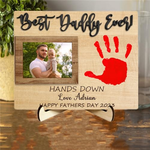 Best Daddy Ever Handabdruck-Schild mit Namen, Bild, personalisierbarer Fotorahmen, DIY, Handabdruck, Handabdruck, Rahmen, Geburtstag, Vatertag, Dekoration, Geschenk für Vater, Opa, Ehemann