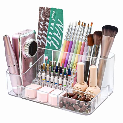 ANRUI Nail Drill Holder, 28 Holes Drill Machine & Bits Storage Box, Acrylic Desk Organizer Holder, Professional Nail Tools Organizer Box for Manicure - Transparent