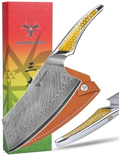 SANMUZUO Coltello Nakiri da 18CM, coltello da carne giapponese in acciaio damasco VG-10, coltello da verdura ultra affilato con impugnatura a codolo intero in resina Giallo, serie LA-S9