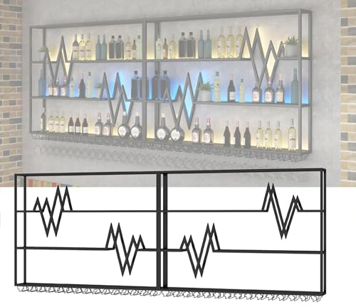 Weinregal Wand Metall Flaschenregal Schmal Wine Rack Schmal Bar Regal Wand mit Weinglashalter und LED-Licht Getränkeregal Weinständer Schwarz Weinschrank Mehrzweckregal für Bartheke Wohnzimmer küche(7