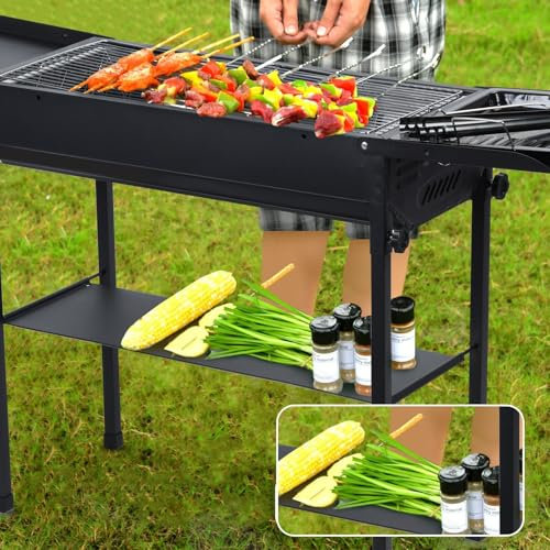 Wilitto Gril à charbon de bois, gril d'extérieur, mini barbecue portable au charbon de bois, grand barbecue, planche latérale pliée, barbecue de camping, barbecue pour jardin, jardin, fête,