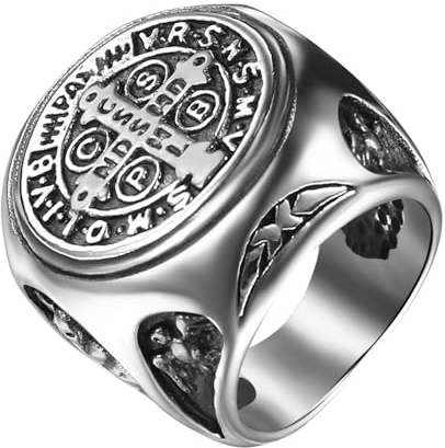 JewelryWe Smycken retro herrring rostfritt stål exorcism St Benedict kors ring demon skydd ghost hunter CSBP katolsk sigillring band med gravyr silver/guld storlek 57 till 70, 62 mm