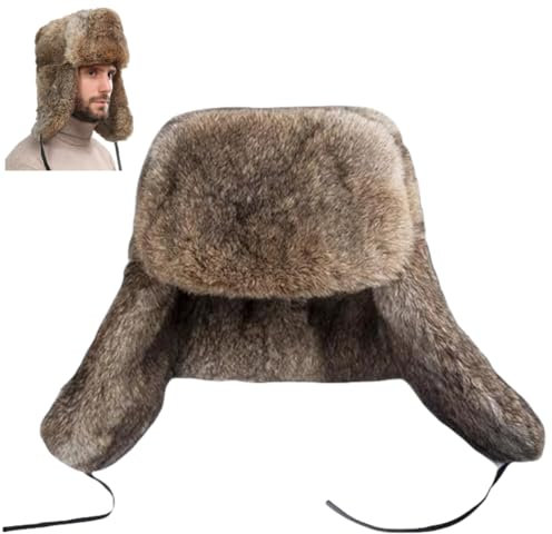 DYZYXJ Winter Leder Russische MüTze MäNner Frauen PelzmüTze Mit 100% Kaninchenfell Flieger Ohrenklappen Winddicht MüTze (XXL, Braun)