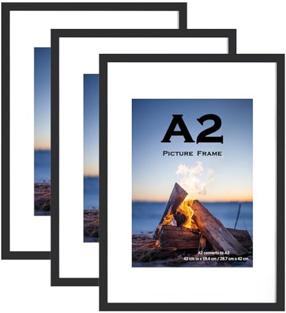 Schwarzer Holz-Bilderrahmen A2 (42x59,4 cm) mit Passepartout, 3er-Set, Halterung für A3-Bild oder Zertifikat, Wandmontage