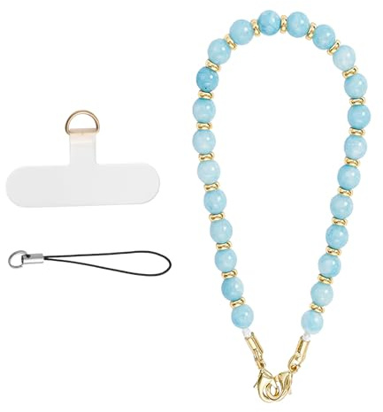 Handykette Perlen Handschlaufe Handgelenk Handy Anhänger Hellblau | 30,5 cm Perlenkette mit Patch, kompatibel mit Hartschalen-Handyhüllen, als Handy Charm oder Schlüsselband
