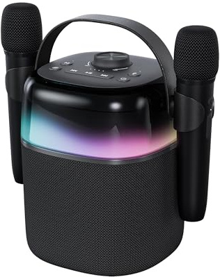 ROYQUEEN Portable Party Speaker with 2 Microphones, 12-Hour Battery, IPX5 Water Resistant Bluetooth Speaker with Sound-Reactive LED Lights, Power Bank, Bass & Treble Controls for Indoor/Outdoor Use