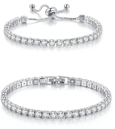 HinDaLi 2 Pièces Bracelet Tennis Femme Bracelet Argent pour Femme Fille Bracelet de Tennis Brillant Bracelet Femme Argent Cristal Bracelet en Argent Zirconium Strass Bracelet Diamant Femme Réglable