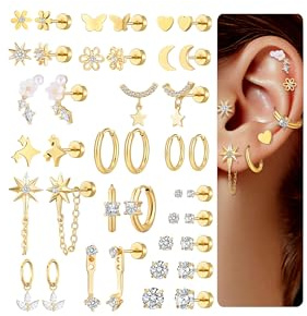 20 Pairs Gold Flat Back Earrings Hypoallergenic Cartilage Earring for Women,Mix of 10pcs Hoops,30pcs Studs,Dazzling Helix & Tragus Piercing Jewelry,20G Screw Back Earrings Sets for Multiple Piercing (#2)