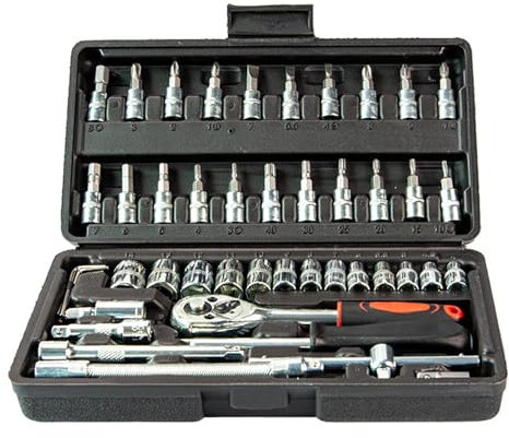 Rixotix Steckschlüsselsatz 46tlg. Cr-V Stahl Steckschlüssel mit 1/4 Umschaltknarre, Steckschlüssel, Bitsatz, Steckschlüsseleinsätze, Werkzeugkoffer