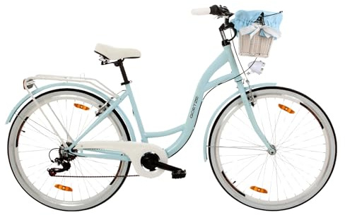 Goetze Mood Damen Fahrrad, City Bike 26/28 Zoll, 6/7-Gang mit Korb | Tiefeinstieg, Shimano-Antrieb, V-Brakes, LED-Beleuchtung, Reflektoren, komplett ausgestattet